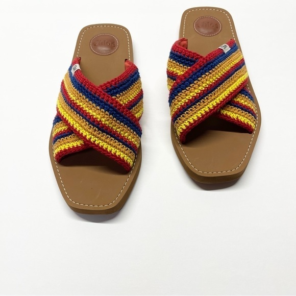 Chloe Woody Crochet Flat Sandals Tan Multicolor Size 41 - Picture 1 of 8